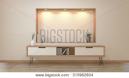 Cabinet And Decoration In Modern Zen Empty Room,minimal Designs Shelf Wall, 3D Rendering