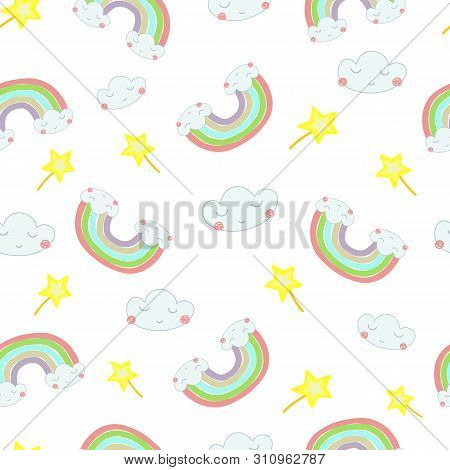 Hand Drawn Illustration Of A Rainbow Out Of The Clouds. Vector Seamless Pattern For Birthday, Annive