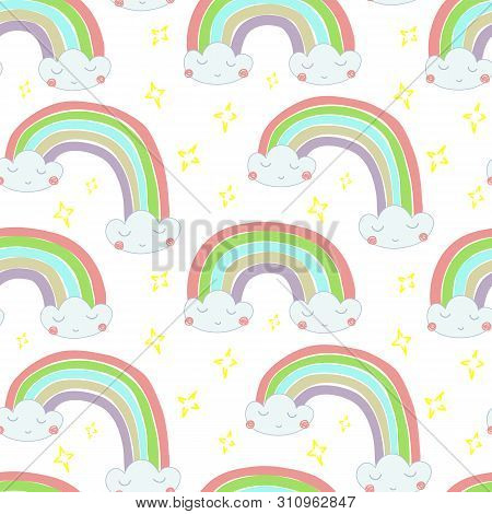 Hand Drawn Illustration Of A Rainbow Out Of The Clouds. Vector Seamless Pattern For Birthday, Annive