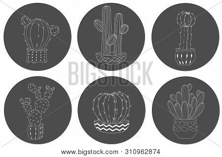 Set Of Cute Hand Drawn Cactus In A Pot With Letters On Chalkboard Background. Vector Icons In Black 