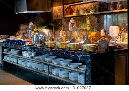 Buffet Line For Breakfast In Luxury Hotel.