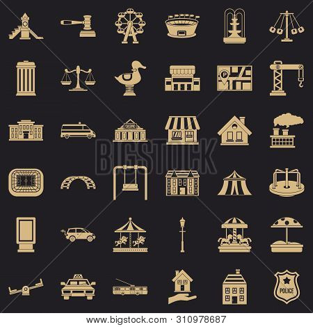 City Icons Set. Simple Style Of 36 City Icons For Web For Any Design