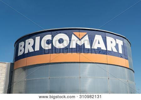 Santiago De Compotela, Spain; July 11 2019: Bricomart Sign On Metallic Tank. Bricomart Is A French M