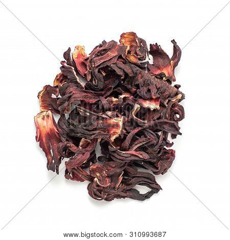 Heap Of Dried Hibiscus Petals Isolated On White Background. Red Tea, Karkade. Top View.