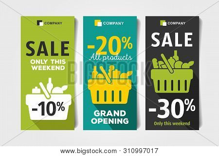 Flyers Set For Grocery Store With Shopping Basket Pictogram Full Of Meal Goods, Simple Mordern Graph