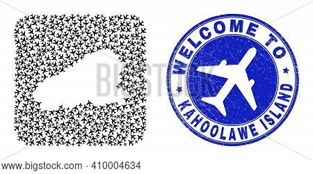 Vector Mosaic Kahoolawe Island Map Of Trip Items And Grunge Welcome Seal. Mosaic Geographic Kahoolaw