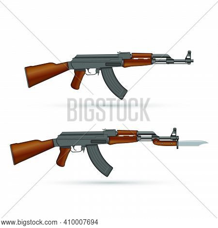 Kalashnikov Ak-47 Assault Rifle With Bayonet Knife Isolated On White Realistic Vector Illustration, 
