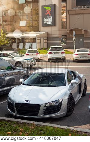Kyiv, Ukraine - July 2020. Sports Car Audi R8 V10 And New Luxury Coupe Bentley Continental Gt.
