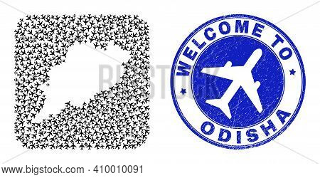 Vector Collage Odisha State Map Of Air Vehicle Elements And Grunge Welcome Stamp. Collage Geographic