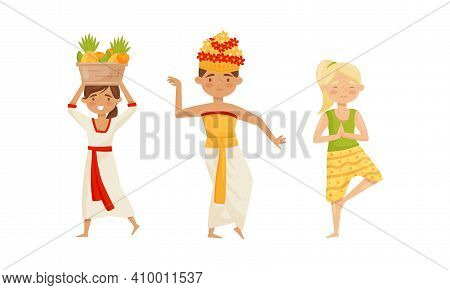 Woman Standing In Yoga Pose And Carrying Basket With Fruits As Bali Symbols Vector Set