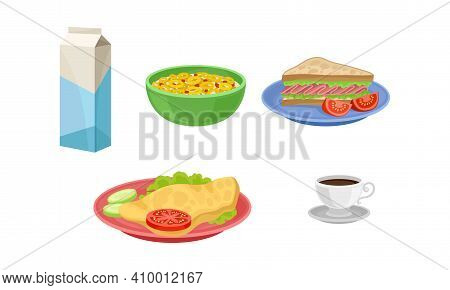 Breakfast With Cereal In Bowl, Sandwich With Bacon And Omelette Vector Set