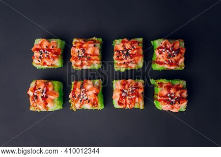 Traditional Japanese Food, Mix Colorful Sushiset Of Different Kinds Of Sushi Rolls With Salmon, Shri