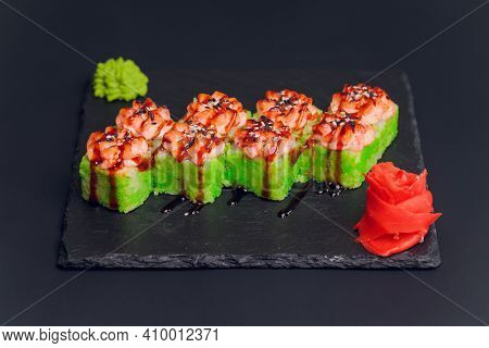 Traditional Japanese Food, Mix Colorful Sushiset Of Different Kinds Of Sushi Rolls With Salmon, Shri