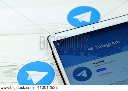 Kharkov, Ukraine - February 14, 2021: Telegram App In App Store Market On Ipad Display Screen. Teleg