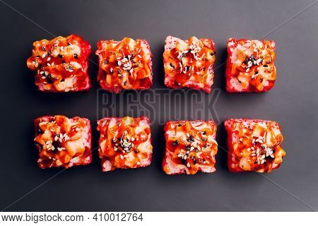 Traditional Japanese Food, Mix Colorful Sushiset Of Different Kinds Of Sushi Rolls With Salmon, Shri