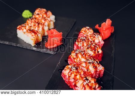 Traditional Japanese Food, Mix Colorful Sushiset Of Different Kinds Of Sushi Rolls With Salmon, Shri