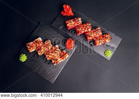 Traditional Japanese Food, Mix Colorful Sushiset Of Different Kinds Of Sushi Rolls With Salmon, Shri