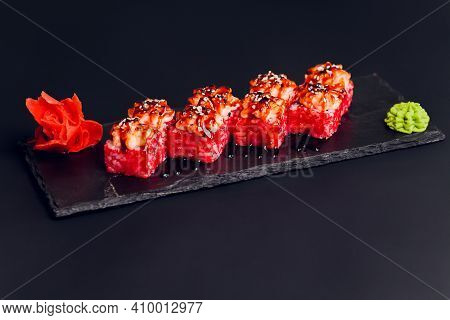 Traditional Japanese Food, Mix Colorful Sushiset Of Different Kinds Of Sushi Rolls With Salmon, Shri
