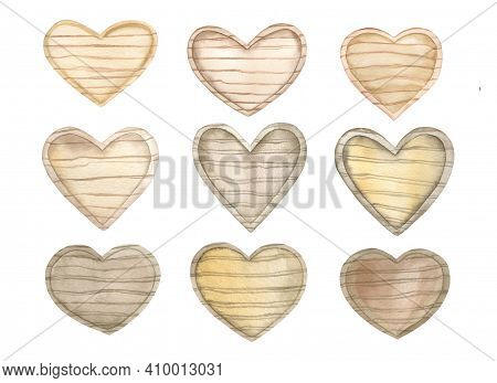 Watercolor Wooden Hearts Clipart Hand Darwing Illustration