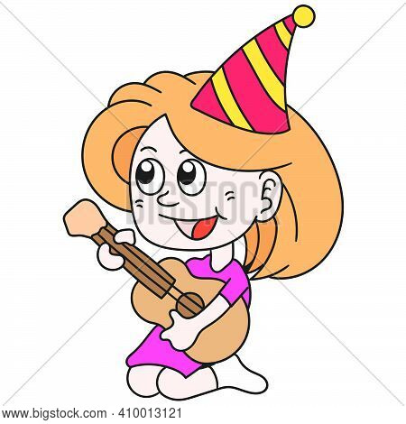 A Girl Playing Guitar On Birthday. Doodle Icon Image. Cartoon Caharacter Cute Doodle Draw