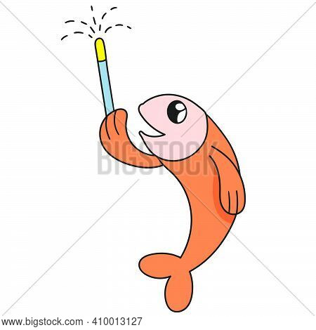 A Fish Sets Off Fireworks. Doodle Icon Image. Cartoon Caharacter Cute Doodle Draw