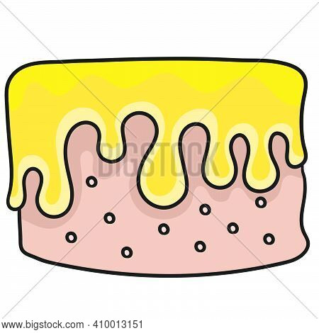 Birthday Cake With Sweet Yellow Cream. Doodle Icon Image. Cartoon Caharacter Cute Doodle Draw