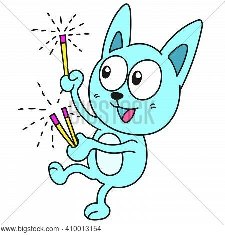 Blue Cat Lighting New Year Fireworks. Doodle Icon Image. Cartoon Caharacter Cute Doodle Draw