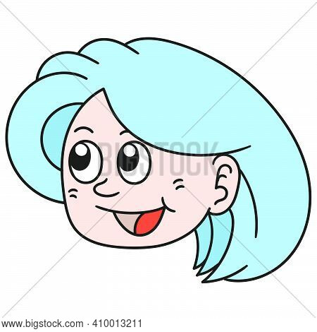 Emoticon Of A Beautiful Blue Haired Woman Smiling Happily. Doodle Icon Image. Cartoon Caharacter Cut