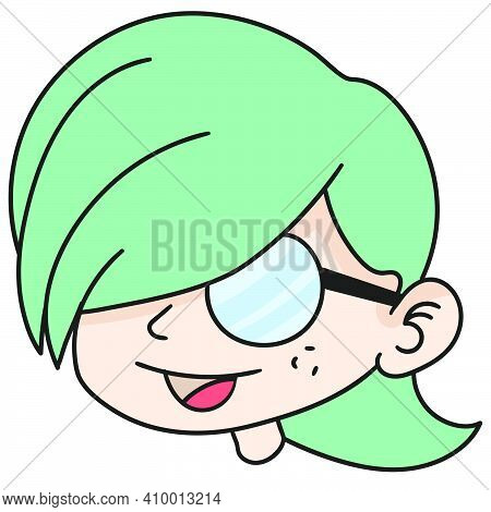 Emoticon Of A Smiling Bespectacled Nerdy Woman. Doodle Icon Image. Cartoon Caharacter Cute Doodle Dr