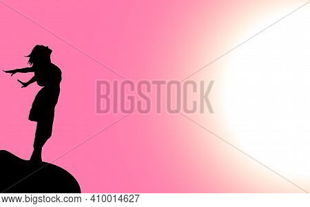 Vector Illustration Of A Black Silhouette Of A Beautiful Girl With Long Hair, Who Stands On The Edge