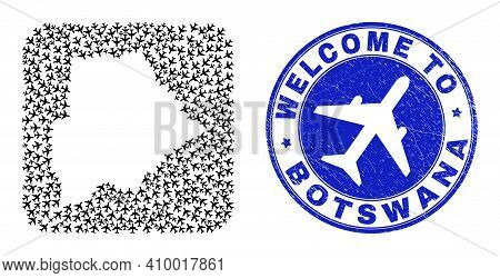 Vector Mosaic Botswana Map Of Air Vehicle Items And Grunge Welcome Seal Stamp. Mosaic Geographic Bot