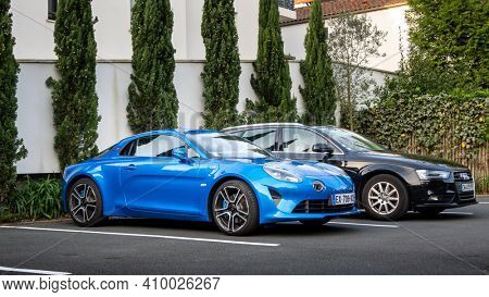 BAYONNE, FRANCE - CIRCA FEBRUARY 2021: Blue Alpine A110 sports car.