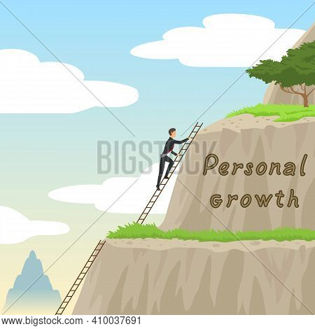 Man Climbs The Stairs To The Top Of The Mountain. A Symbol Of Personal Growth. 10 Eps Vector Illustr