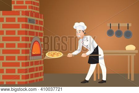 In The Pizzeria, A Young, Happy Cook Puts A Freshly Cooked Pizza Into The Oven. Cartoon Vector Illus