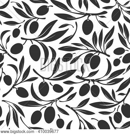 Oliva Seamless Pattern. Vector Branch, Black Silhouette Of Berry, Wild Fruits On White Background. G