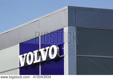Risskov, Denmark - May 11, 2019: Volvo Logo On A Wall. Volvo Is A Swedish Premium Automobile Manufac