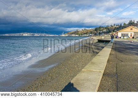 A View Of Alki Beach In West Seattle, Washington. The Month Is February.