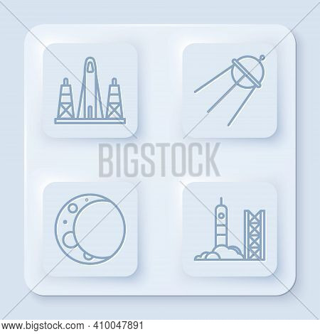 Set Line Rocket Launch From The Spaceport, Satellite, Moon And Rocket Launch From The Spaceport. Whi