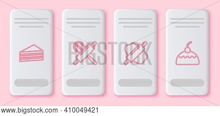 Set Line Cake, Kitchen Whisk And Rolling Pin, Rolling On Dough And . White Rectangle Button. Vector