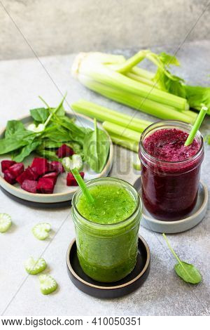 Vegan Diet And Nutrition, Healthy Detox, Vegetarian Concepts Drinks. Beet Smoothie And Green Smoothi