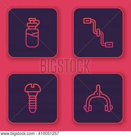 Set Line Sport Bottle With Water, Metallic Screw, Bicycle Pedals And Brake Calipers. Blue Square But