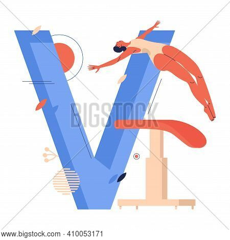 Woman Flying Over Vaulting Table During Gymnastics Jump Training. Large Letter V Drawn In Blue Decor