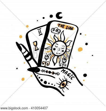Hand Drawn Illustration Of Witches Hand And Tarot Cards. Magic Symbols. Flat And Cartoon Style. Wicc