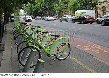 Budapest, Hungary - July 13, 2015: Bicycle Sharing Service Bubi Mol Rental At Street In Budapest, Hu
