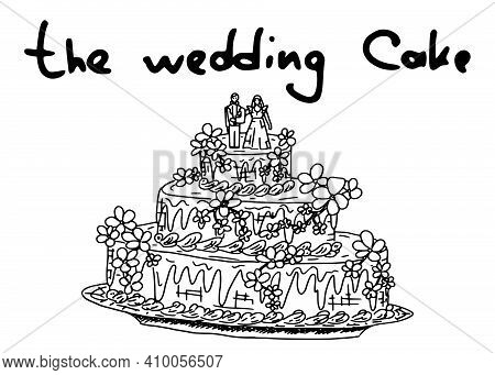 Simple Wedding Cake With Souffle And Marzipan Figurines. Doodle Sketch Illustration
