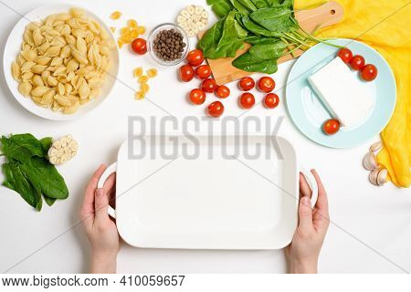Step-by-step Preparation And Ingredients For Oven-baked Feta Cheese With Tomatoes And Pasta, Pepper