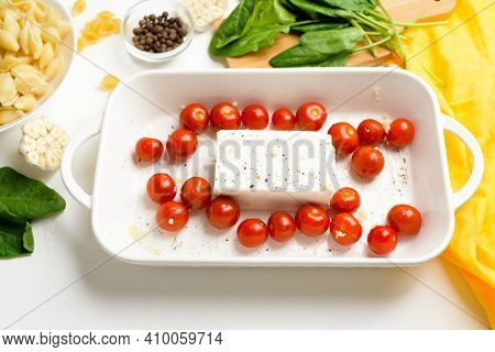 Step-by-step Preparation And Ingredients For Oven-baked Feta Cheese With Tomatoes And Pasta, Pepper