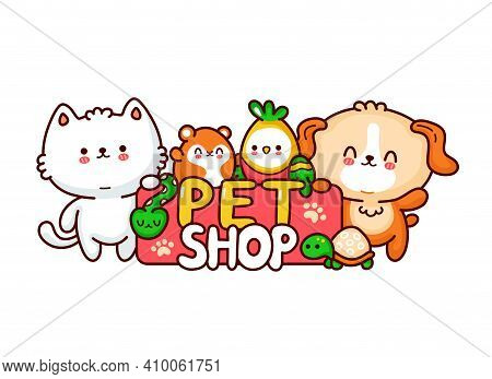 Pet Shop Logo Design. Cute Funny Dog, Cat, Hamster, Perrot, Snake, Turtle. Vector Flat Line Cartoon 