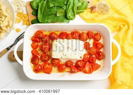 Step-by-step Preparation And Ingredients For Oven-baked Feta Cheese With Tomatoes And Pasta, Pepper