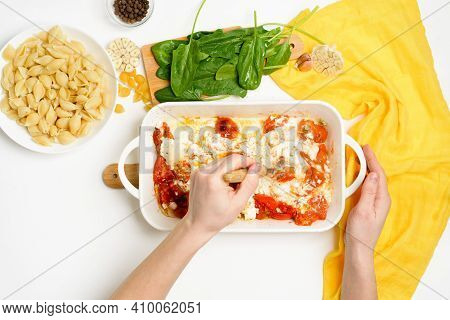 Step-by-step Preparation And Ingredients For Oven-baked Feta Cheese With Tomatoes And Pasta, Pepper